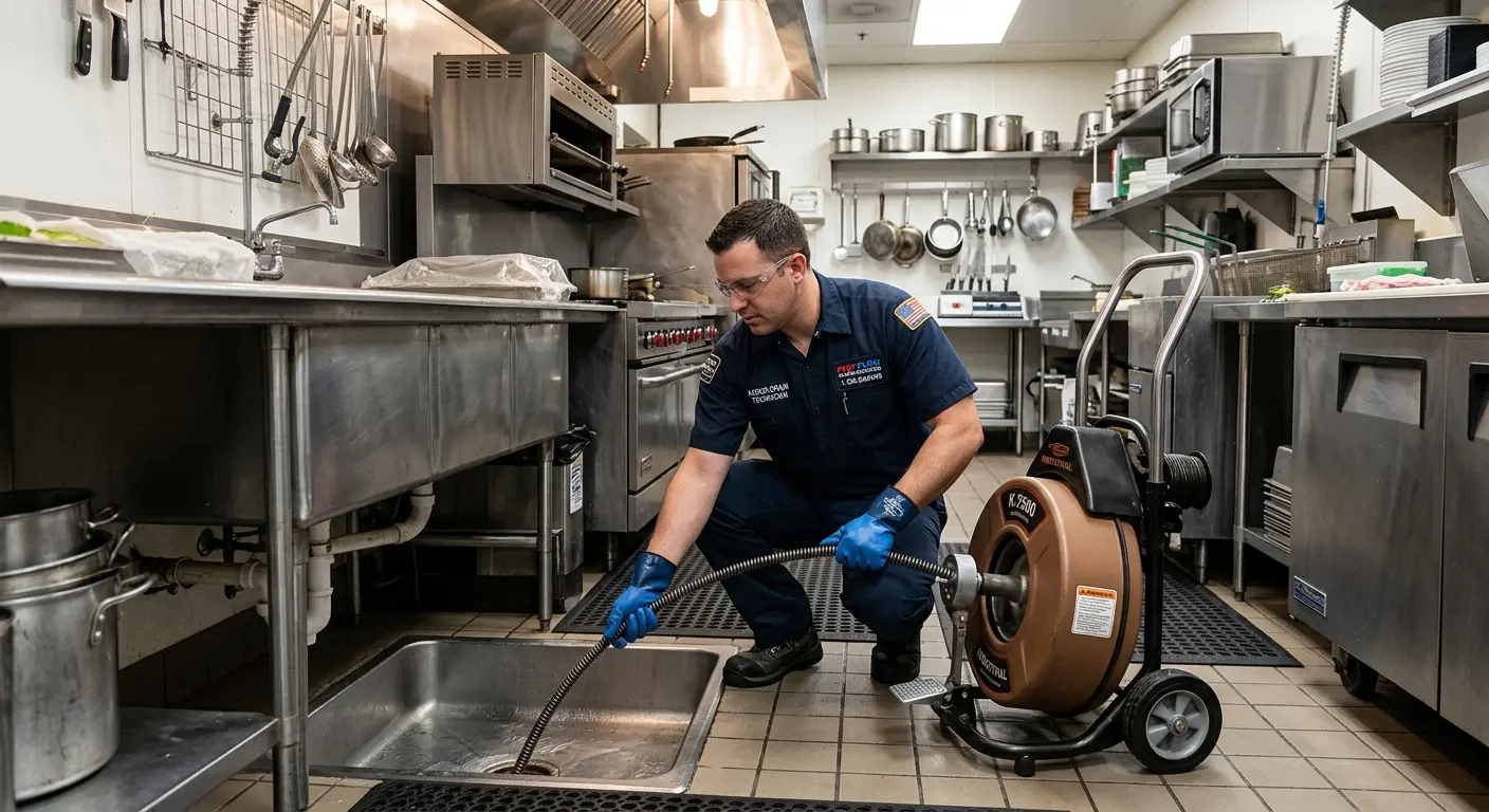 Commercial drain cleaning service in a restaurant kitchen in Riverside